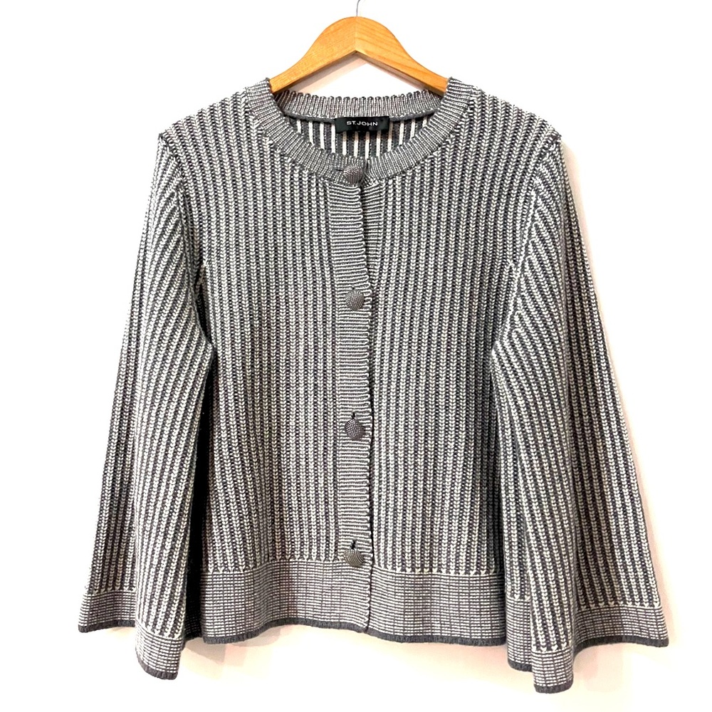 St. John Luxury Button Down Sweater Cardigan Flared Sleeves Charcoal Grey Lg